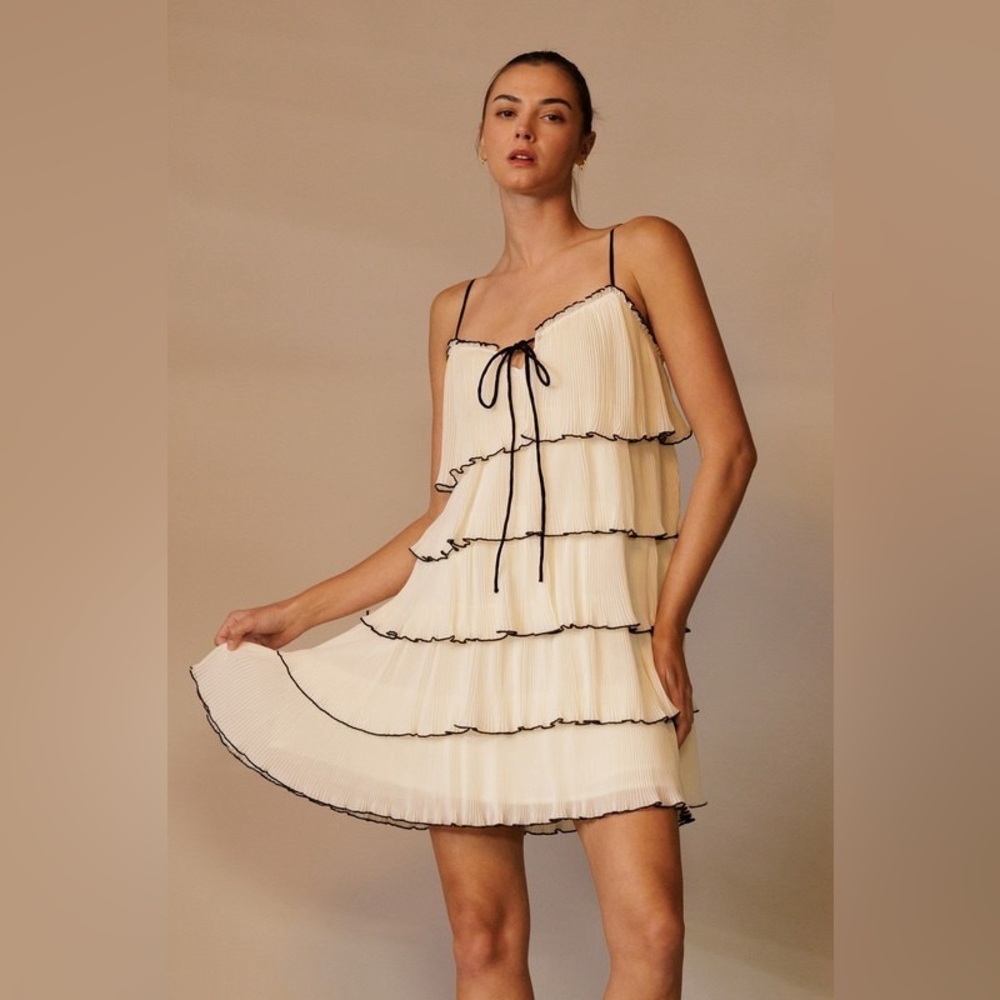 Tiered Ruffle Plisse Mini Dress with Front Tie